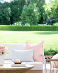Coastline Stripes, Indoor/Outdoor Blue Striped Lumbar Pillow Cover, with Pink Piping, 12"x20"