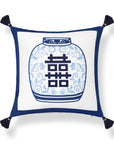 Ruilin Double Happiness, Indoor/Outdoor Navy Blue Chinoiserie Pillow Cover, with Tassels, 20"x20"