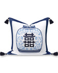Ruilin Double Happiness, Indoor/Outdoor Navy Blue Chinoiserie Pillow Cover, with Tassels, 20"x20"
