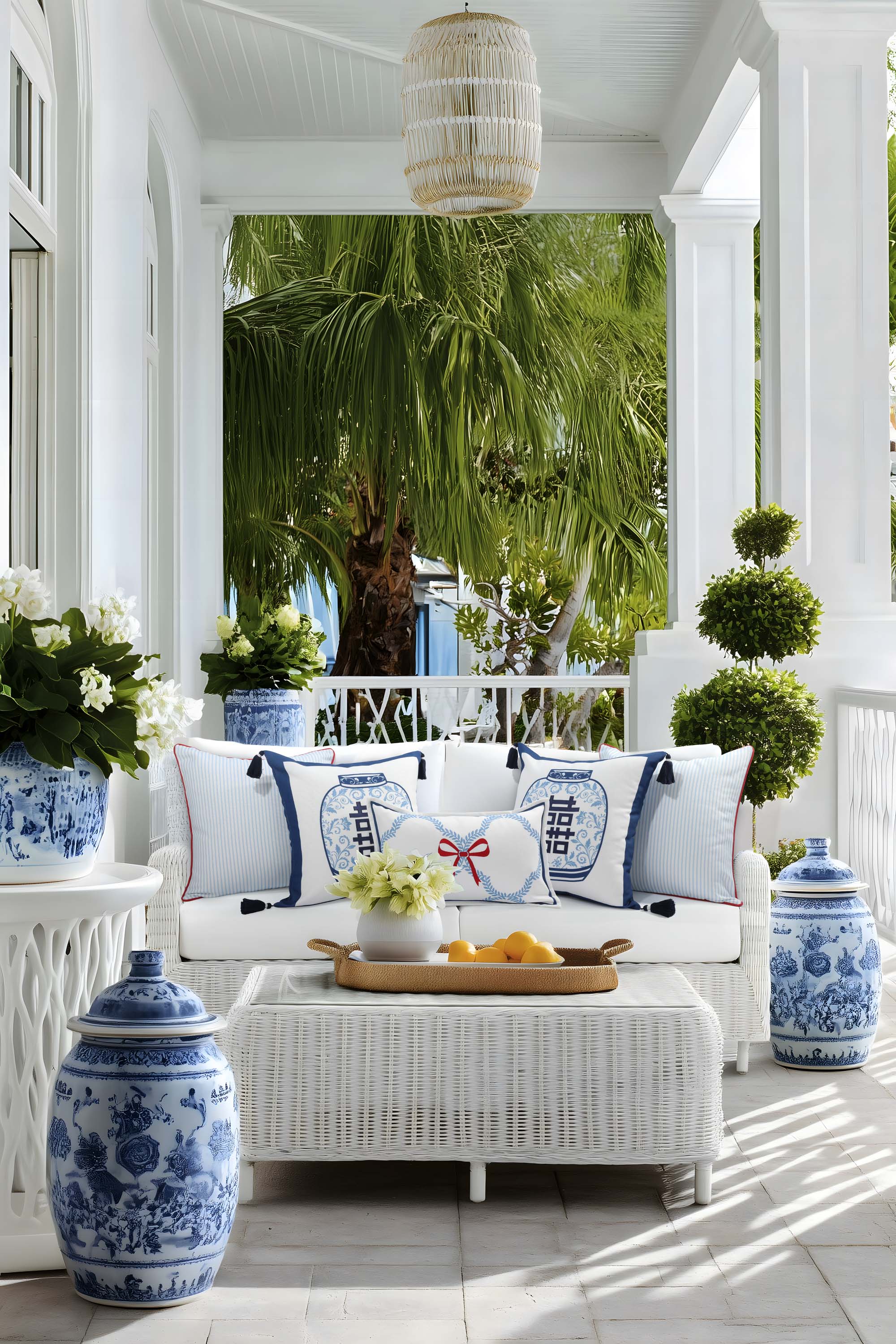 Coastal Indoor Outdoor Chinoiserie Pillow Cover, Ruilin Double