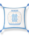 Ruilin Double Happiness, Indoor/Outdoor Azure Blue Chinoiserie Pillow Cover, with Tassels, 20"x20"