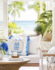 Ruilin Double Happiness, Indoor/Outdoor Azure Blue Chinoiserie Pillow Cover, with Tassels, 20"x20"