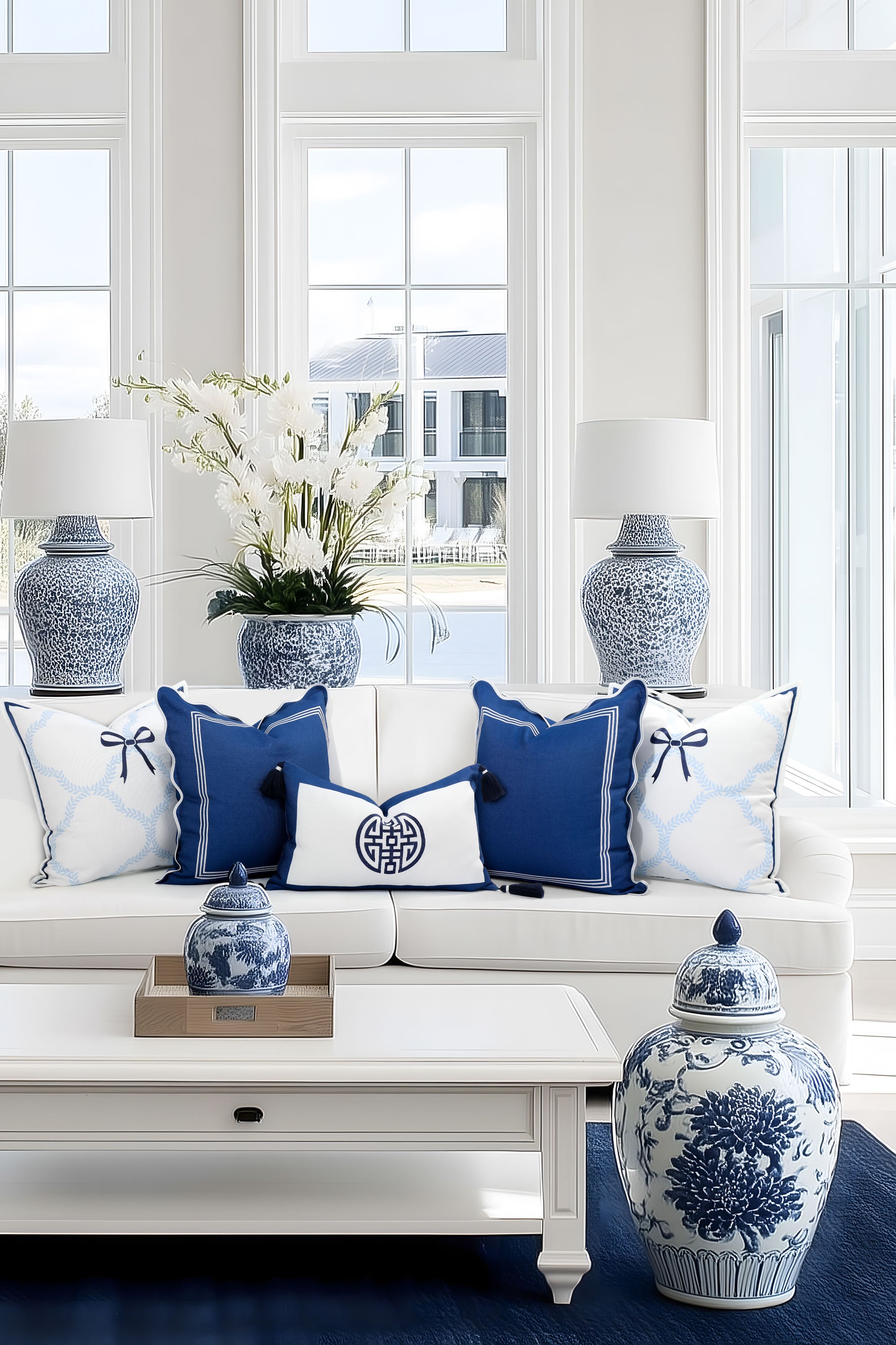Coastal Indoor Outdoor Blue Lumbar Throw Pillows, Ruilin Double