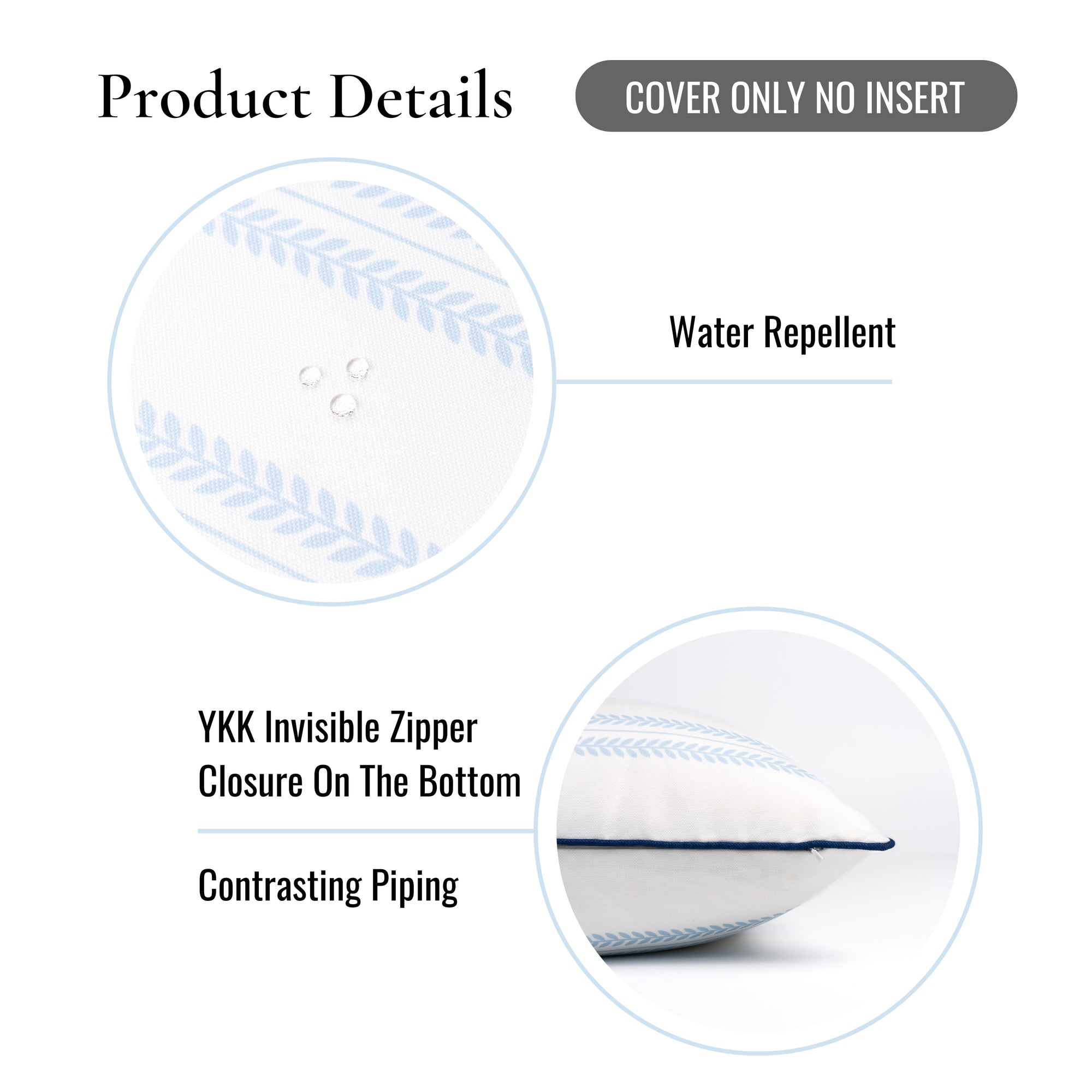 Verdra Leaf Striped, Indoor/Outdoor Baby Blue Striped Pillow Cover, with Piping, 22"x22"