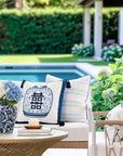 Verdra Leaf Striped, Indoor/Outdoor Baby Blue Striped Pillow Cover, with Piping, 22"x22"