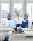 Verdra Leaf Striped, Indoor/Outdoor Baby Blue Striped Pillow Cover, with Piping, 22"x22"