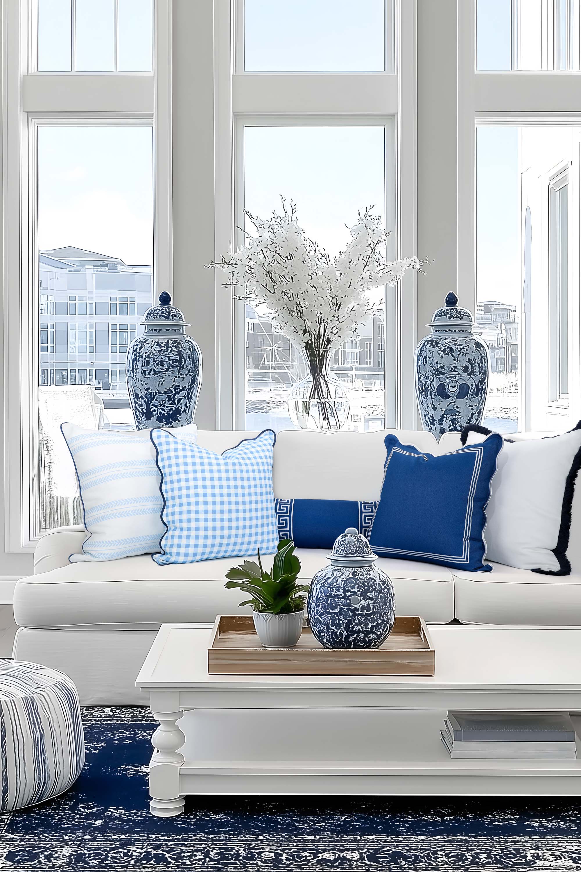 Verdra Leaf Striped, Indoor/Outdoor Baby Blue Striped Pillow Cover, with Piping, 22"x22"