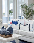 Verdra Leaf Striped, Indoor/Outdoor Baby Blue Striped Pillow Cover, with Piping, 22"x22"