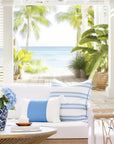 Verdra Leaf Striped, Indoor/Outdoor Azure Blue Striped Pillow Cover, with Piping, 22"x22"