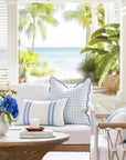 Verdra Leaf Striped, Indoor/Outdoor Azure Blue Striped Lumbar Pillow Cover, with Piping, 12"x20"