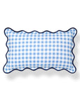 Lune, Indoor/Outdoor Azure Blue Lumbar Pillow Cover, Gingham with Scalloped Border, 12"x20"