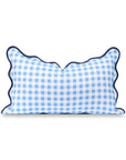 Lune, Indoor/Outdoor Azure Blue Lumbar Pillow Cover, Gingham with Scalloped Border, 12"x20"