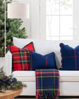 Chathia Windowpane, Merino Wool Christmas Lumbar Pillow Cover, Navy Red, 12"x20"