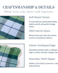 Rosela Pastel Tartan, Merino Wool Scalloped Coastal Pillow Cover, Dusty Blue Green, 20”x20”