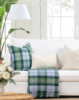 Rosela Pastel Tartan, Merino Wool Scalloped Coastal Pillow Cover, Dusty Blue Green, 20”x20”