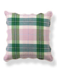Rosela Pastel Tartan, Merino Wool Scalloped Chic Throw Pillow Cover, Vintage Pink Green, 20”x20”