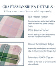 Rosela Pastel Tartan, Merino Wool Scalloped Chic Throw Pillow Cover, Vintage Pink Green, 20”x20”