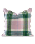 Rosela Pastel Tartan, Merino Wool Scalloped Chic Throw Pillow Cover, Vintage Pink Green, 20”x20”