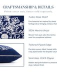 Clerion Tudor Rose Acanthus Leaf, Merino Wool Embroidered Accent Pillow Cover, Navy Blue, 20”x20”