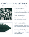 Clerion Tudor Rose Acanthus Leaf, Merino Wool Embroidered Throw Pillow Cover, Hunter Green, 20”x20”