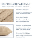 Aranis, Merino Wool Cable Knit Textured Pillow Cover, Classic Camel, 20”x20”
