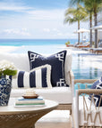 Beach Stripes, Outdoor Performance Indigo Blue Lumbar Pillow Cover, with Fringe, 12"x20"