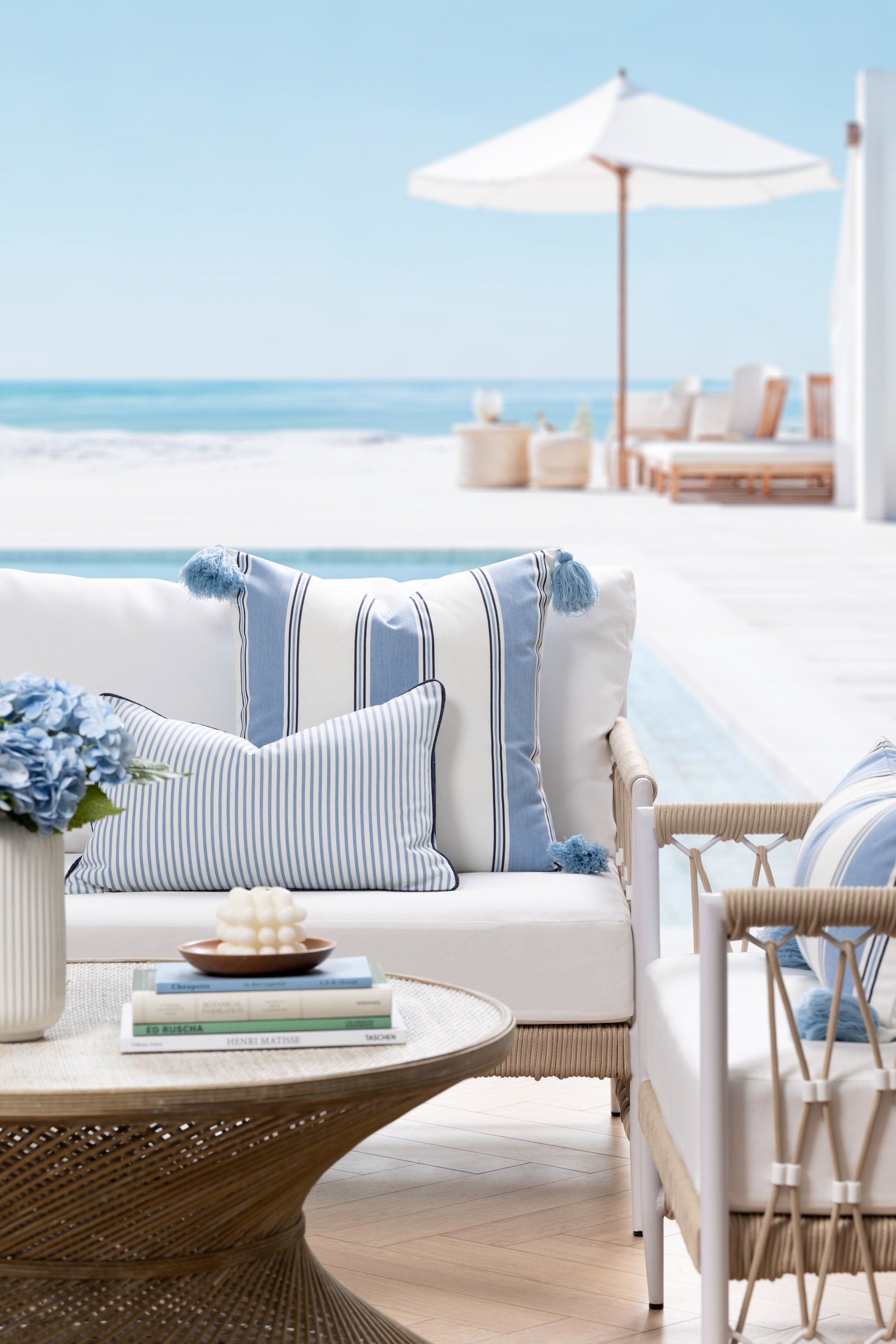 Coastal Blue Outdoor Lumbar Pillows, Coastline Stripes, Azure Blue