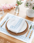Coastal Indoor Outdoor Embroidered Napkin Set of 4, Begonia Pattern Chain Frame, Baby Blue, 20"x20"