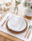 Coastal Indoor Outdoor Embroidered Napkin Set of 4, Begonia Pattern Chain Frame, Blush Pink, 20"x20"