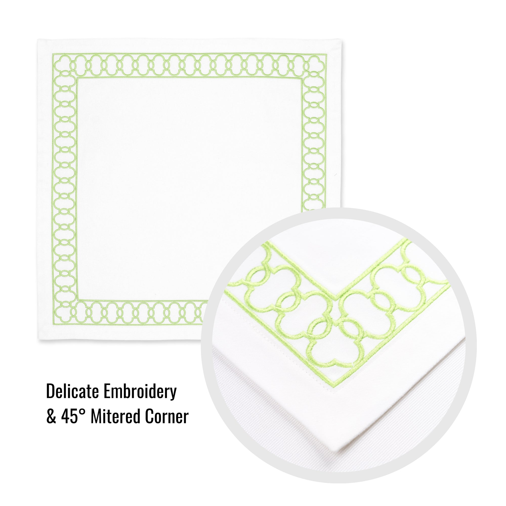 Coastal Indoor Outdoor Embroidered Napkin Set of 4, Begonia Pattern Chain Frame, Green, 20"x20"