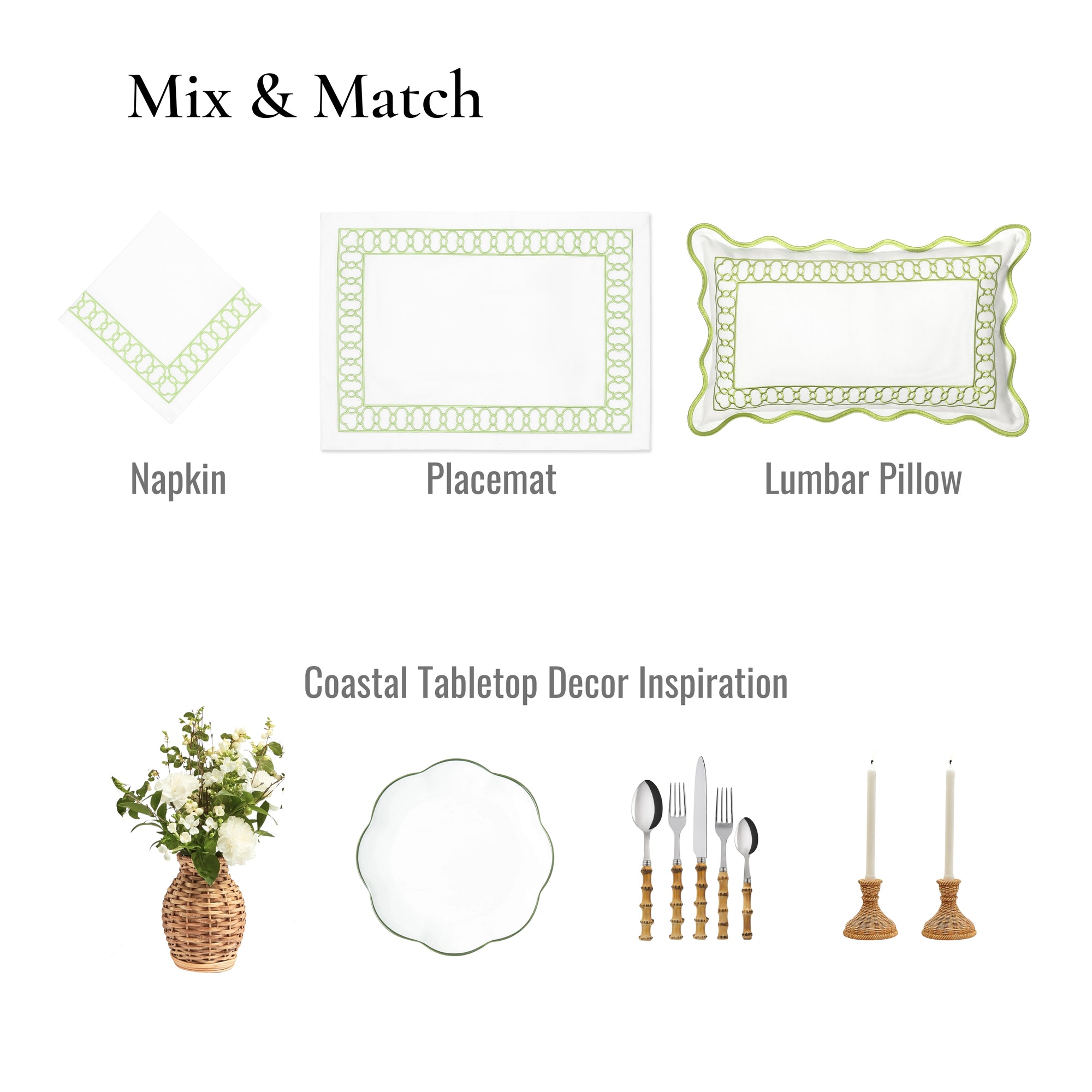 Coastal Indoor Outdoor Embroidered Napkin Set of 4, Begonia Pattern Chain Frame, Green, 20"x20"