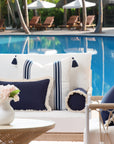 Coastal Hampton Style Outdoor Performance Lumbar Pillow Cover, Solid with Fringe, Dark Navy Blue, 12"x20"