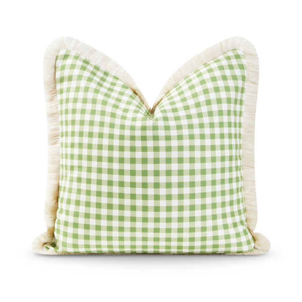 Coastal Outdoor Throw Pillow Cover, Gingham Fringe, Green