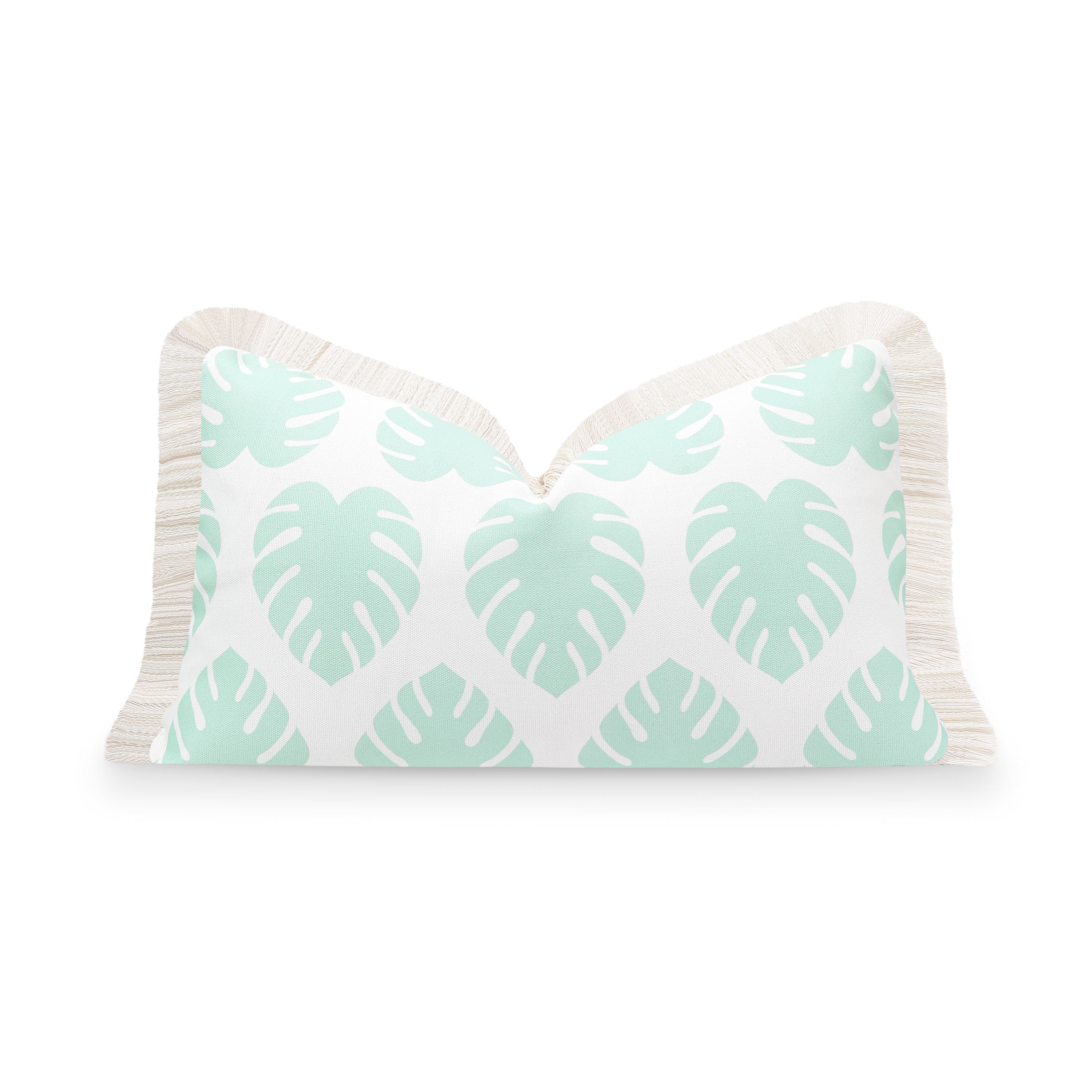 Coastal Lumbar Pillow Cover, Aqua Outdoor Pillow, Monstera Leaf - Main Image