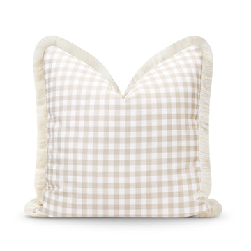 Fall Coastal Indoor Outdoor Pillow Cover, Gingham Fringe, Neutral Tan, 20