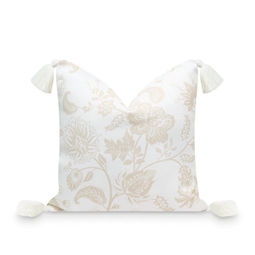 Fall Coastal Indoor Outdoor Pillow Cover, Floral Tassel, Neutral Tan, 18
