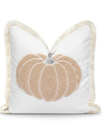 Fall Coastal Indoor Outdoor Pillow Cover, Embroidered Pumpkin with Fringed Trim, Neutral Tan, 20"x20"