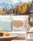 Fall Coastal Indoor Outdoor Pillow Cover, Embroidered Pumpkin with Fringed Trim, Neutral Tan, 20"x20"