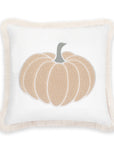 Fall Coastal Indoor Outdoor Pillow Cover, Embroidered Pumpkin with Fringed Trim, Neutral Tan, 20"x20"