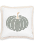 Fall Coastal Indoor Outdoor Pillow Cover, Embroidered Pumpkin with Fringed Trim, Muted Aqua, 20"x20"