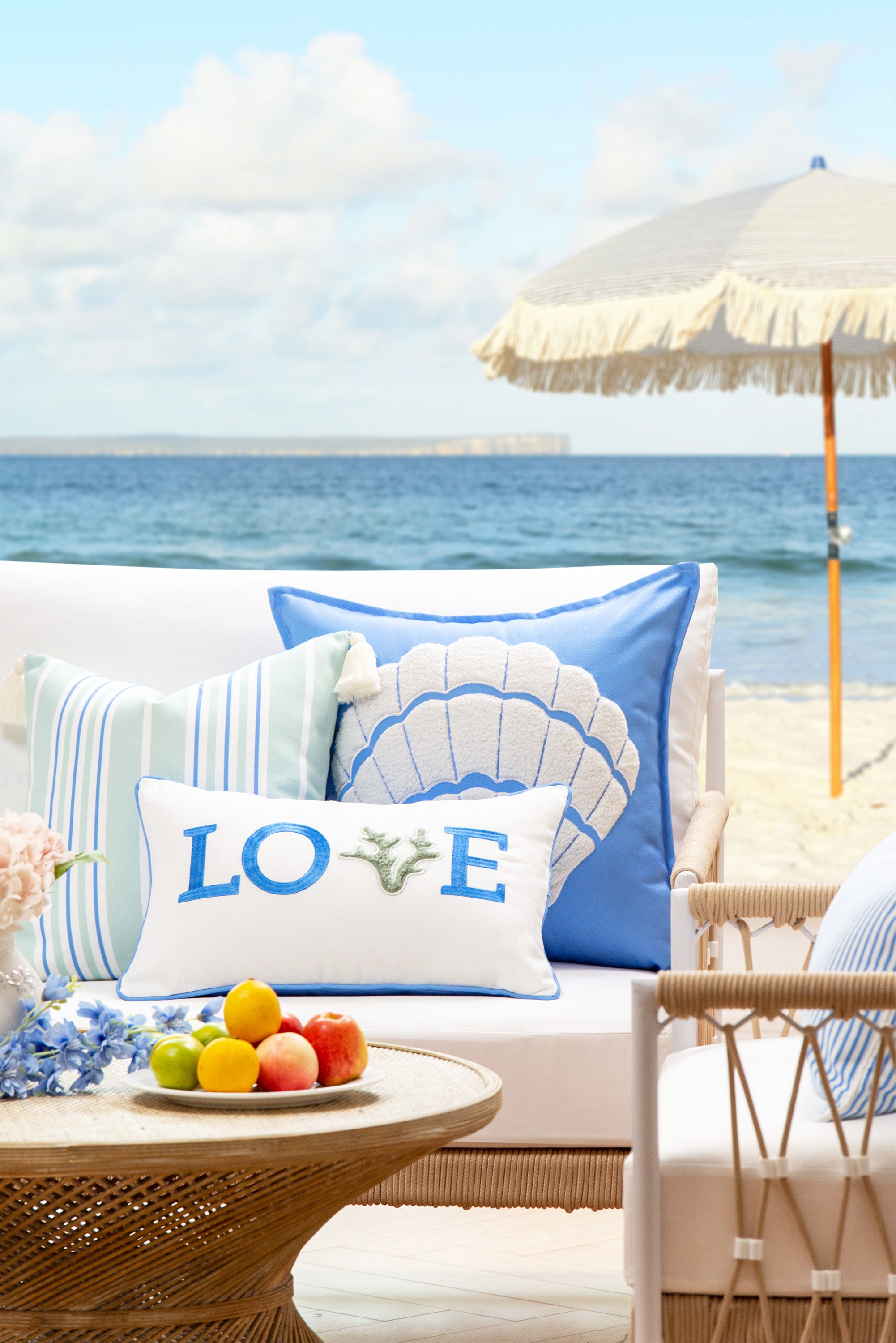 Coastal Shell Outdoor Pillow Cover, Embroidered, Cornflower Blue