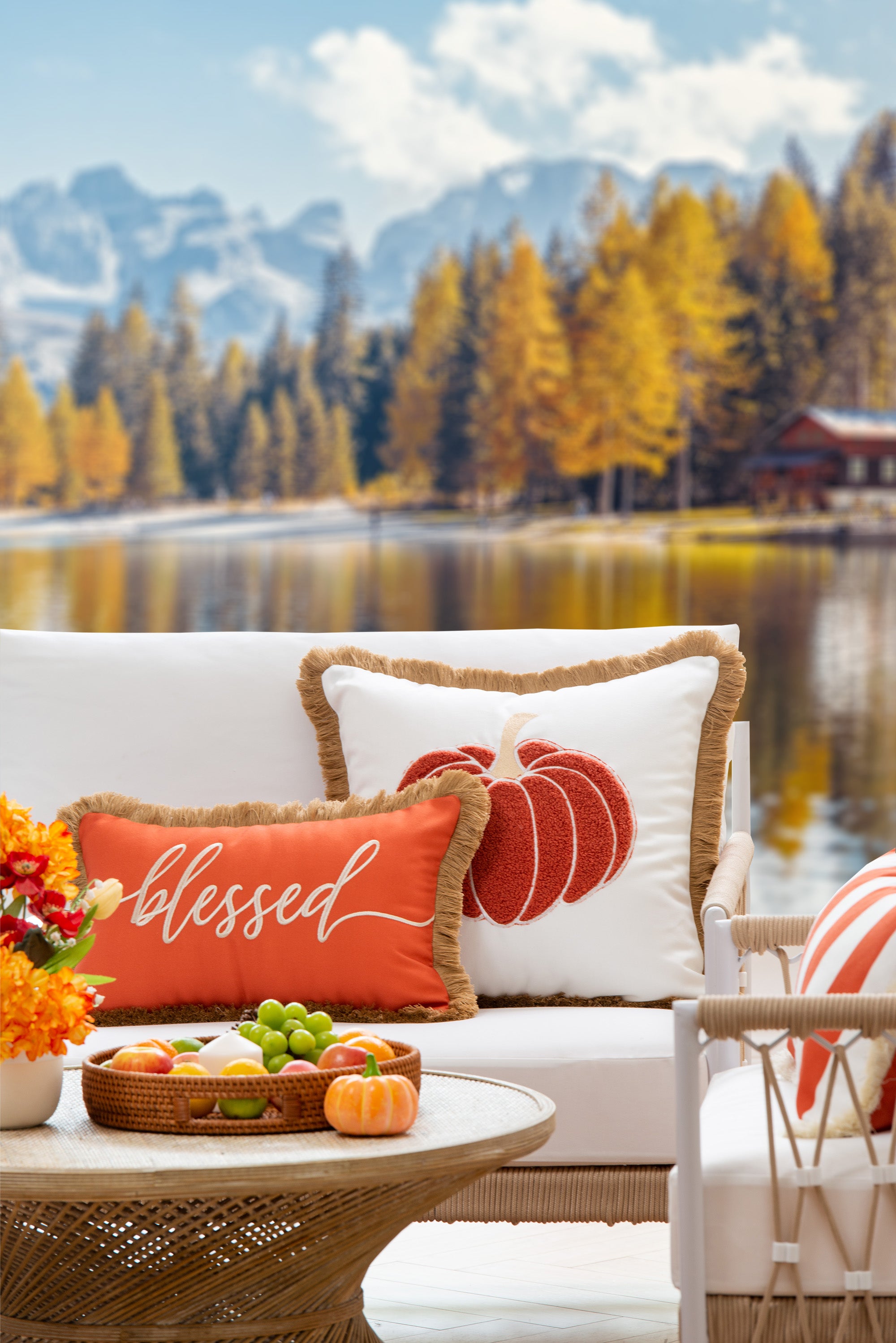 Coastal Fringed Outdoor Pillow Cover, Embroidered Blessed, Rust