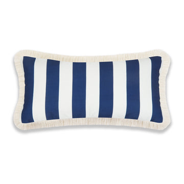 Coastal Indoor Outdoor Long Lumbar Pillow Cover, Stripes with Fringe, Navy Blue, 12
