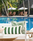 Coastal Indoor Outdoor Long Lumbar Pillow Cover, Stripes with Fringe, Green, 12"x26"