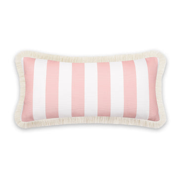 Coastal Indoor Outdoor Long Lumbar Pillow Cover, Stripes with Fringe, Blush Pink, 12