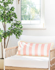 Coastal Indoor Outdoor Long Lumbar Pillow Cover, Stripes with Fringe, Blush Pink, 12"x26"