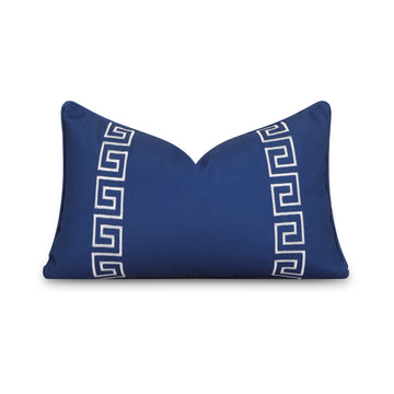 Coastal Indoor Outdoor Lumbar Pillow Cover, Embroidered Greek Key with Piping, Navy Blue, 12