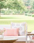 Coastal Indoor Outdoor Lumbar Pillow Cover, Embroidered Greek Key with Piping, Blush Pink, 12"x20"