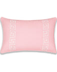 Coastal Indoor Outdoor Lumbar Pillow Cover, Embroidered Greek Key with Piping, Blush Pink, 12"x20"