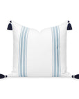 Coastal Indoor Outdoor Throw Pillow Cover, Embroidered Stripes with Tassels, Baby Blue, 20"x20"